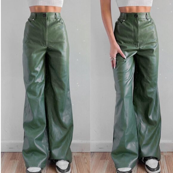 Urban Outfitters Pants - Urban Outfitters Faux Leather Wide Leg Green Pant Olive Army‎ Hunter High Waist